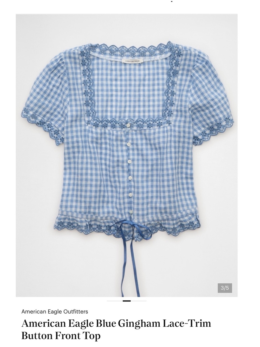 American Eagle blue gingham Lace trim button front Top - Picture 3 of 3